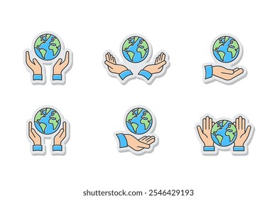 hand holding globe vector sticker collection