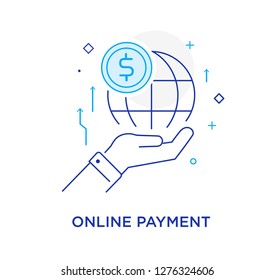 Hand holding a globe. Virtual communication smartphone. Cooperation interaction. Vector illustration Eps 10 file. Success, Cooperation. line icon illustration