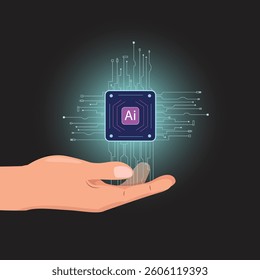 Hand holding glowing AI chip with circuits, representing artificial intelligence and futuristic technology