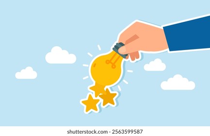 Hand holding a glowing lamp emitting stars, illustration of ideas and innovation to improve business ratings and quality