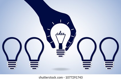 hand holding glowing lamp isolated background blue white. creative ideas concept. Distinction and leadership. the way to solve problem. business finance. Vector illustrations