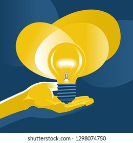 Hand holding glowing light bulb in darkness - vector creative concept