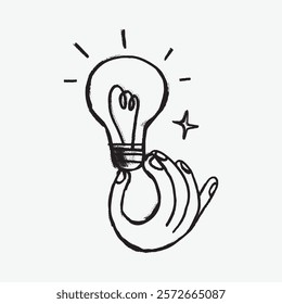 Hand holding a glowing light bulb, symbolizing creativity and ideas. Simple sketch with a star accent, representing innovation and inspiration. Simple black line art doodle vector.