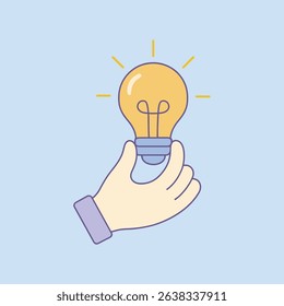 Hand holding a glowing light bulb. Minimalist vector illustration in soft pastel colors