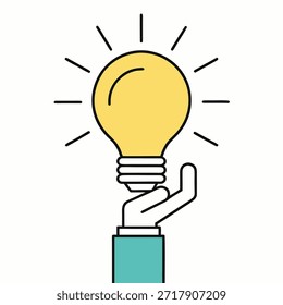Hand holding a glowing light bulb with rays symbol of idea and innovation