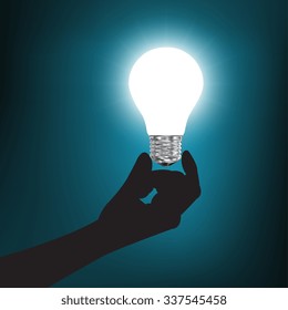 Hand holding a glowing light bulb. Vector Illustration