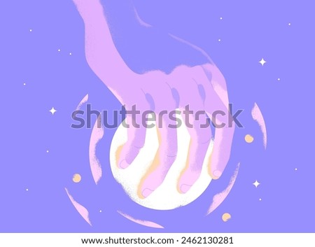 Hand holding glowing magic ball, orb with celestial light. Dream, hope, illusion, supernatural concept. Sorcerer taking mystical precious sphere, star. Creative psychic flat vector illustration