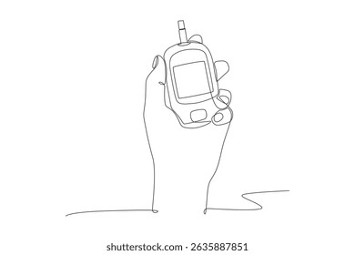 Hand holding glucometer. Medical technology concept one-line drawing