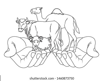 Hand holding goat, camel and cow animals cartoon vector illustration graphic design