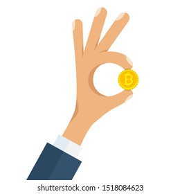 Hand holding gold bitcoin. Flat style colorful vector crypto currency concept illustration isolated on white background.