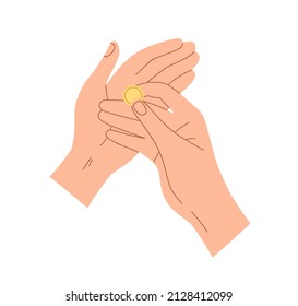 Hand holding gold coin. Change money in fingers icon. Finance bonus, charity, donation, financial contribution and help concept. Colored flat vector illustration isolated on white background