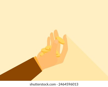 Hand holding gold coin with fingers, flat style design with long shadow. Design of prints, banners and promotional products. Vector illustration