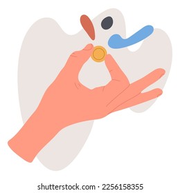 Hand holding gold coin. Human hand with money, golden chip in human hand cartoon flat vector illustration on white background