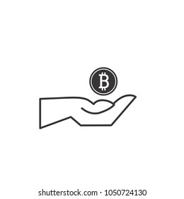 Hand holding gold coin with logo bitcoin. Vector  illustration