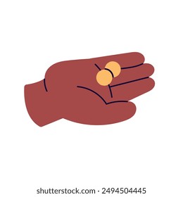 Hand holding gold coin, hand with money, thumb and forefinger with change to toss icon, fingers with money symbol, financial bonus, cashback, savings, bonuses, financial help vector illustration.