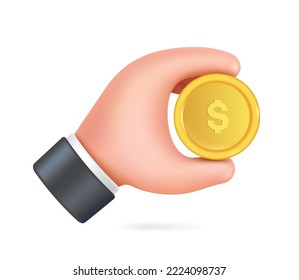 Hand holding a gold coin or one dollar coin, 3d vector isolated on white background for designing advertising materials about financial business or trading on digital platforms minimalist style