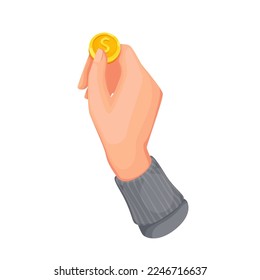 Hand holding gold coin vector illustration. Cartoon fingers of person hold cash coin with dollar sign to receive salary or income cashback, exchange currency, buy and give payment for purchase
