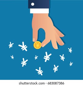 hand holding gold coin and Yen dollar sign icon vector, business concept 