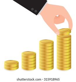 hand holding gold coins on white background. business concept vector
