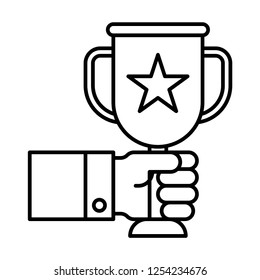 Hand holding gold cup vector illustration, line design icon