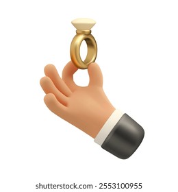 Hand holding gold engagement ring vector 3d icon. Cartoon palm with golden wedding band emoji isolated on white background.