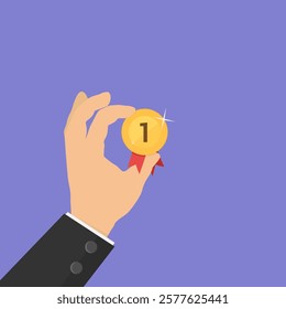 Hand holding a gold first place medal. Concept of success, achievement, competition, and recognition. Vector illustration isolated on purple