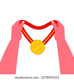 Hand holding gold medal. Champion and winner awards medal 