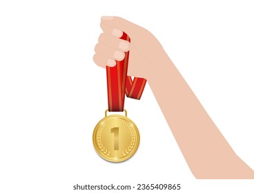 Hand Holding Gold Medal. Champion and Winning Concept. Vector Illustration.