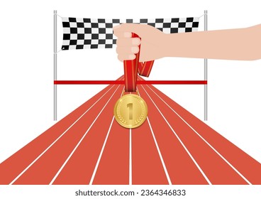 Hand Holding Gold Medal at Finish Line in Running Track Arena. Champion and Winning Concept. Vector Illustration.