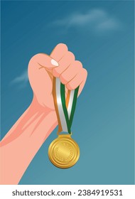 hand holding gold medal with Indian flag ribbon vector