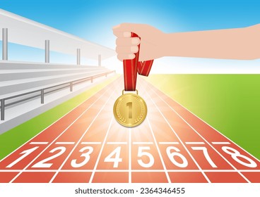 Hand Holding Gold Medal in Running Track Arena. Champion and Winning Concept. Vector Illustration.