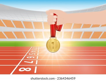Hand Holding Gold Medal in Running Track Arena. Champion and Winning Concept. Vector Illustration.