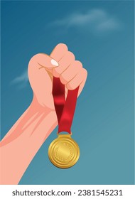 hand holding gold medal vector poster