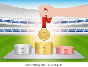 Hand Holding Gold Medal with Winer Sport Podium in Soccer Field or Sport Arena. Champion and Winning Concept. Vector Illustration.