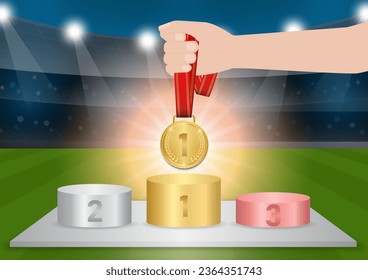 Hand Holding Gold Medal with Winer Sport Podium in Soccer Field or Sport Arena. Champion and Winning Concept. Vector Illustration.