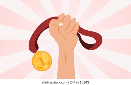 Hand holding a gold medal. Winner concept. Vector illustration.