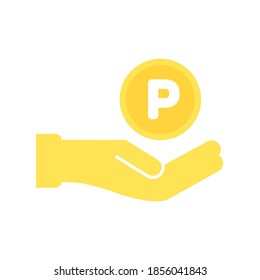 Hand holding gold Point coin or Currency symbol of penny, peso, pula on isolated white background.  Earning points, Saving money, Accumulate, or Sales promotion concept. 