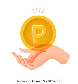 Hand holding gold Point coin or Currency symbol of penny, peso, pula on isolated white background. Earning points, Saving money, Accumulate, or Sales promotion concept.