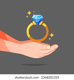 Hand holding gold ring with blue diamon isolated vector