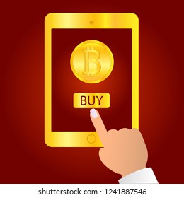 Hand holding gold tablet device isolated on red background. Tablet on human hands with bitcoin icon and index finger pointer touch the screen flat design vector illustration. Symbol logo sign.