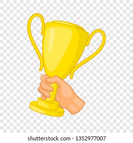 Hand holding gold trophy cup icon in cartoon style isolated on background for any web design 