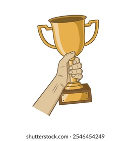 Mão segurando um troféu de ouro ilustração vetor