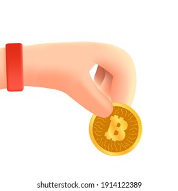 Hand holding golden coin of bitcoin crypto currency. Hand with bitcoin in 3D cartoon style vector illustration. Picture isolated on white background.