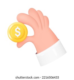 Hand Holding Golden Coin with Dollar Sign. Money Saving, Online Payment, Cashback Concept. 3D Vector Illustration Isolated on White Background