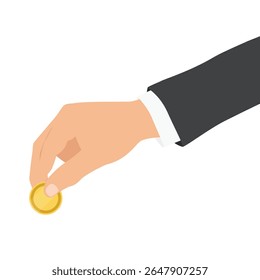 Hand holding a golden coin, giving financial help, donating dollar, cash, money, penny. Isolated on white background. Vector illustration.