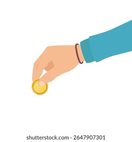 Hand holding a golden coin, giving financial help, donating dollar, cash, money, penny. Isolated on white background. Vector illustration.