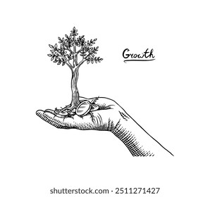 Hand with holding golden coins stack with growth tree for business investment. Money plant growth. Vector clipart illustration. Line and Ink sketch. Hand drawn Vintage style. 