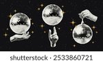 Hand holding golden disco ball  with halftone effect and golden glitter stars. Vector cut out sticker. Trendy modern collage design element on transparent background.