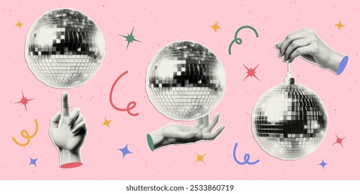 Hand holding golden disco ball  with halftone effect and golden glitter stars. Vector cut out sticker. Trendy modern collage design element on transparent background.