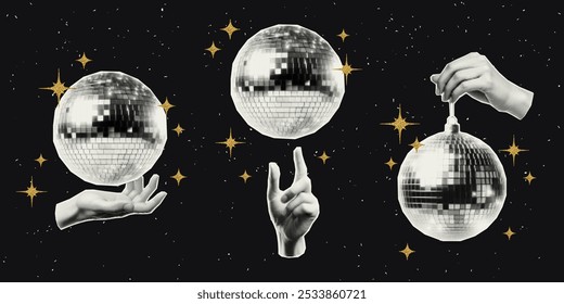 Hand holding golden disco ball  with halftone effect and golden glitter stars. Vector cut out sticker. Trendy modern collage design element on transparent background.